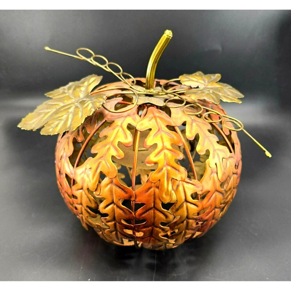 Metal Pumpkin Candle Holder With Leaf Design Autumn Decor Brown & Gold VL1802 - Picture 2 of 6
